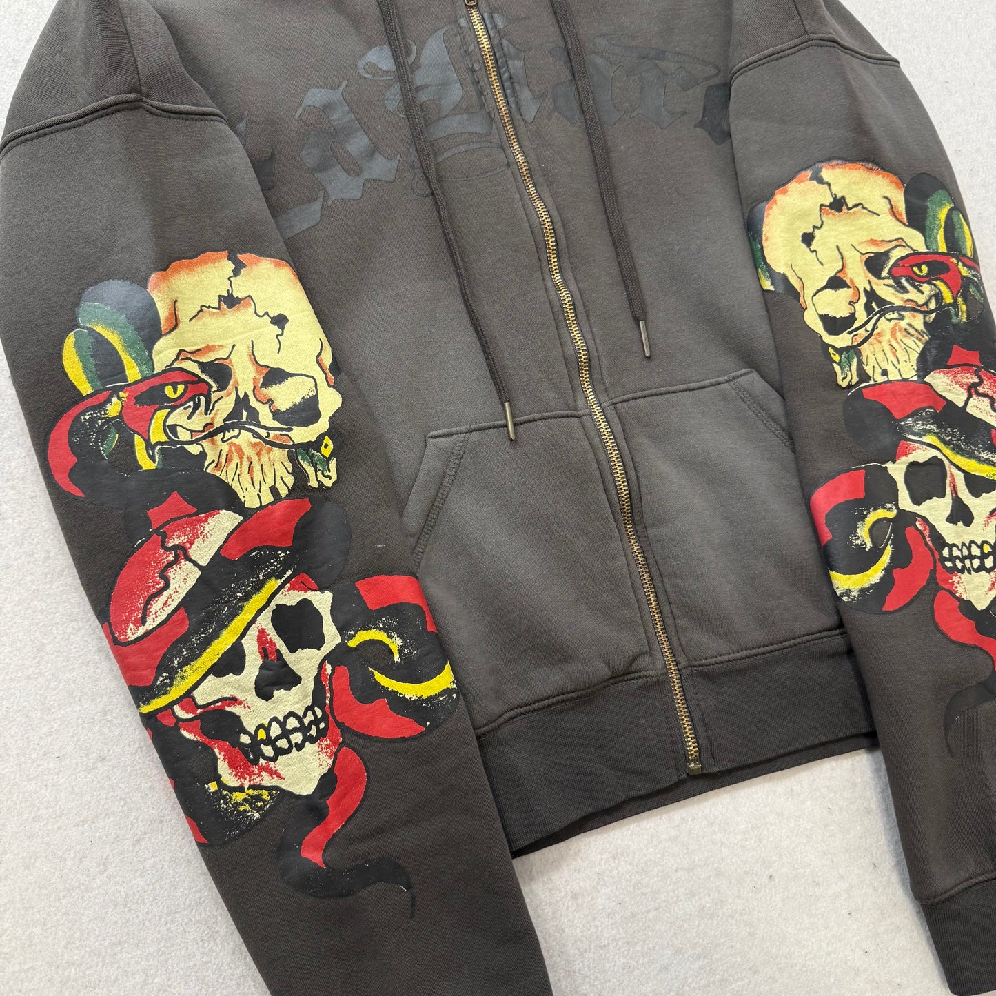 ED HARDY “Skulls” CHARCOAL SUNFADED BOXY ZIP UP HOODIE