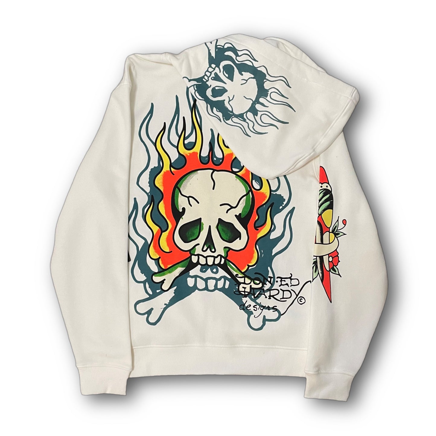 ED HARDY “flaming skull” WHITE ZIP UP HOODIE - Clean Curriculums 