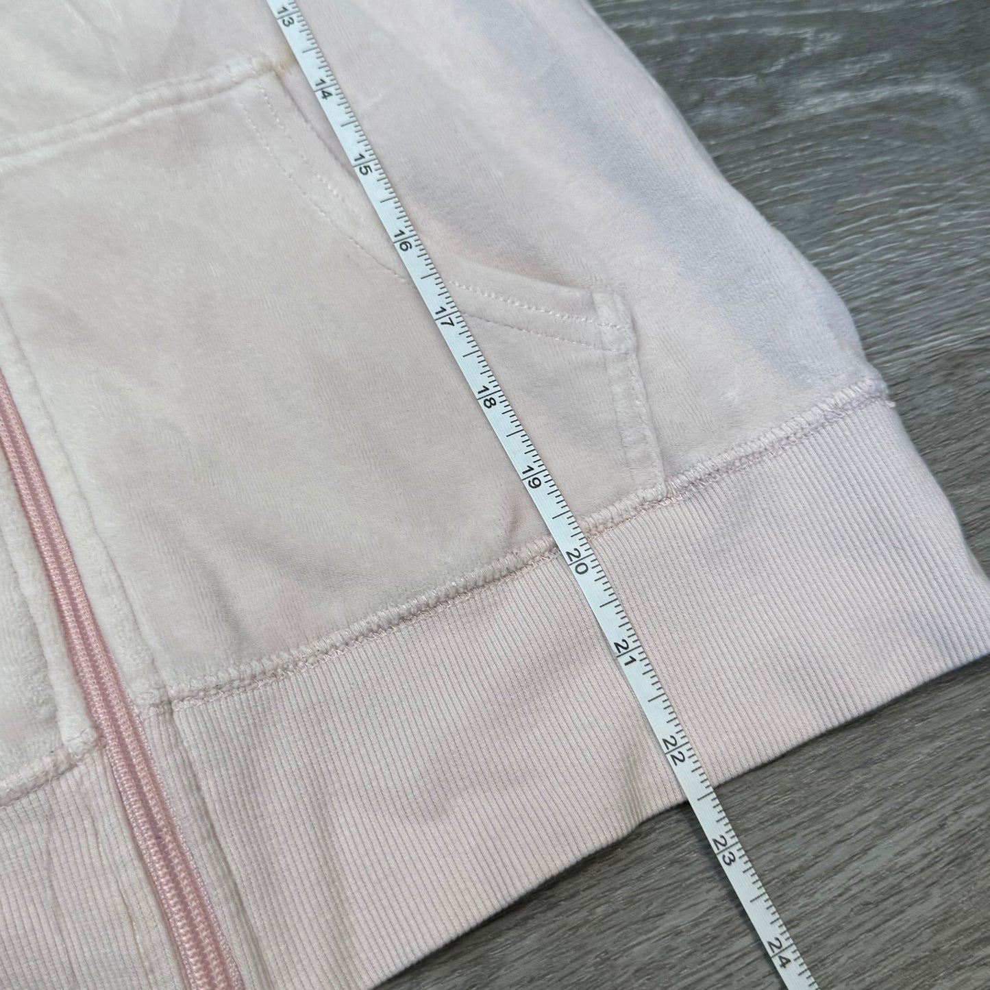 Vintage Juicy Couture Women's Light Pink Velour Zip-Up Hoodie Drawstring Size S