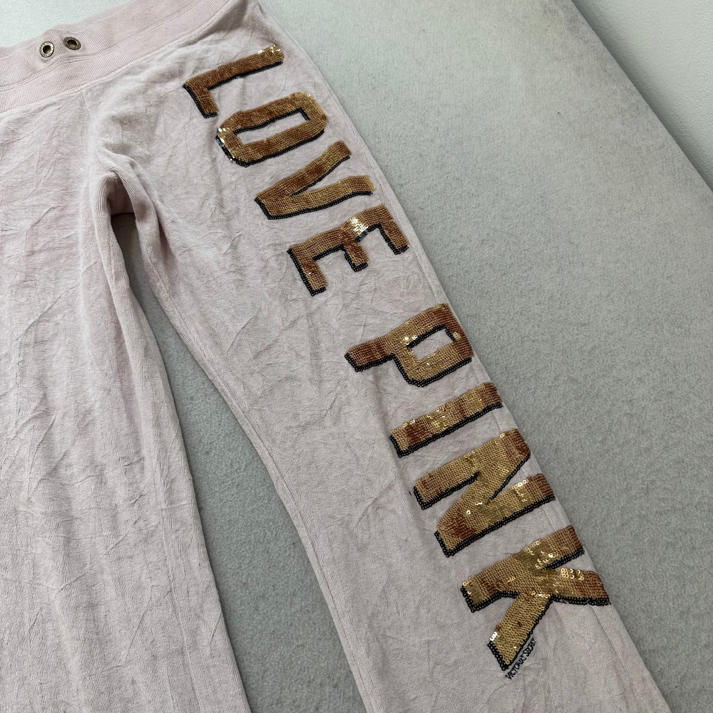 Victoria's Secret PINK Womens Baby Pink Velour Flared Track Pant Sequin Logo - S