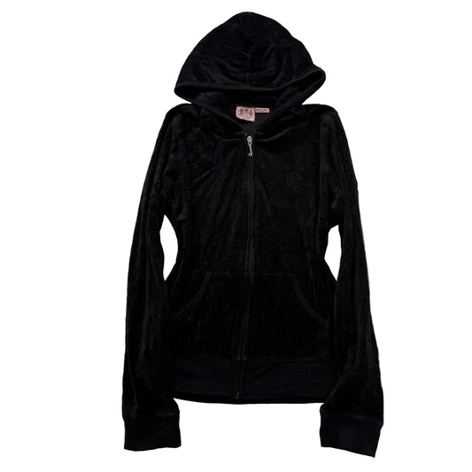 Vintage Juicy Couture Women's Jet Black Velour Zip-Up Hoodie Pockets Y2K Size L