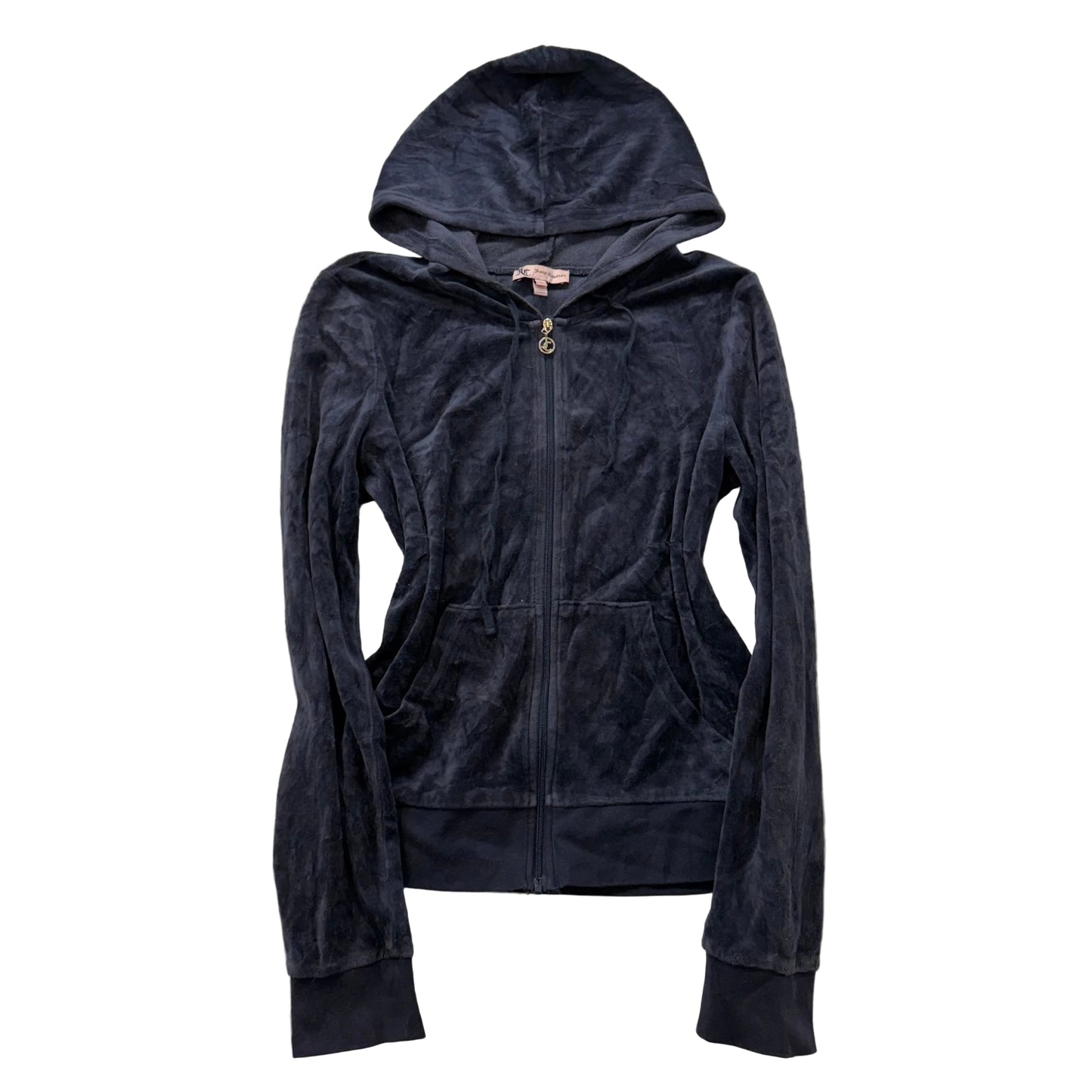 Juicy Couture Women's Navy Velour Full Zip Hoodie Split Kangaroo Pockets Size M