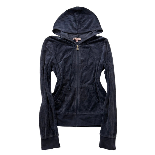 Juicy Couture Women's Navy Velour Full Zip Hoodie Split Kangaroo Pockets Size M