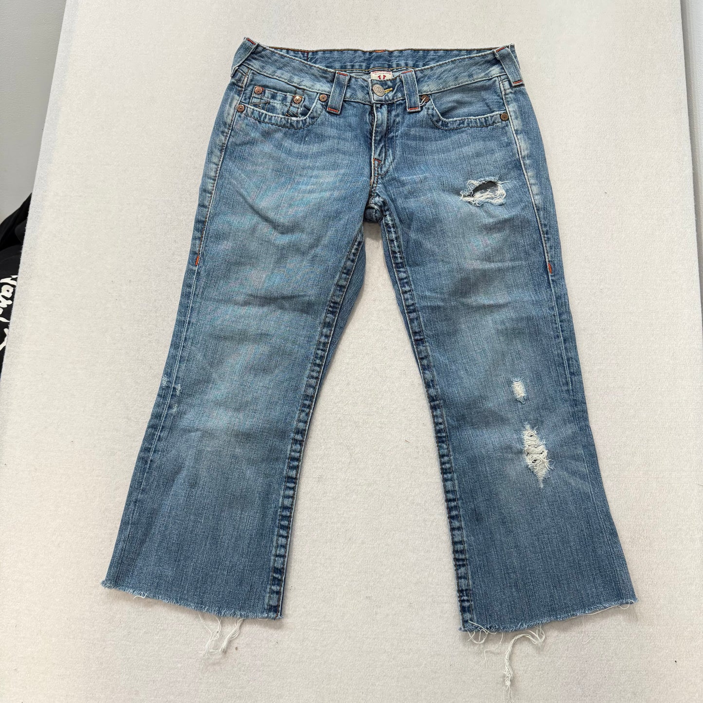 True Religion Blue Denim Cropped Flare Distressed Jeans Raw Hem Low Rise Size 30
