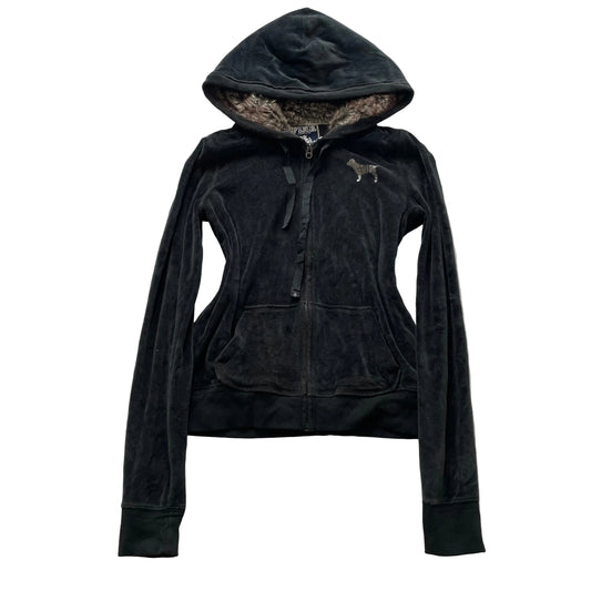 PINK Victoria Secret Womens Washed Black Velour Zip Up Hoodie Sequin Logo Size S