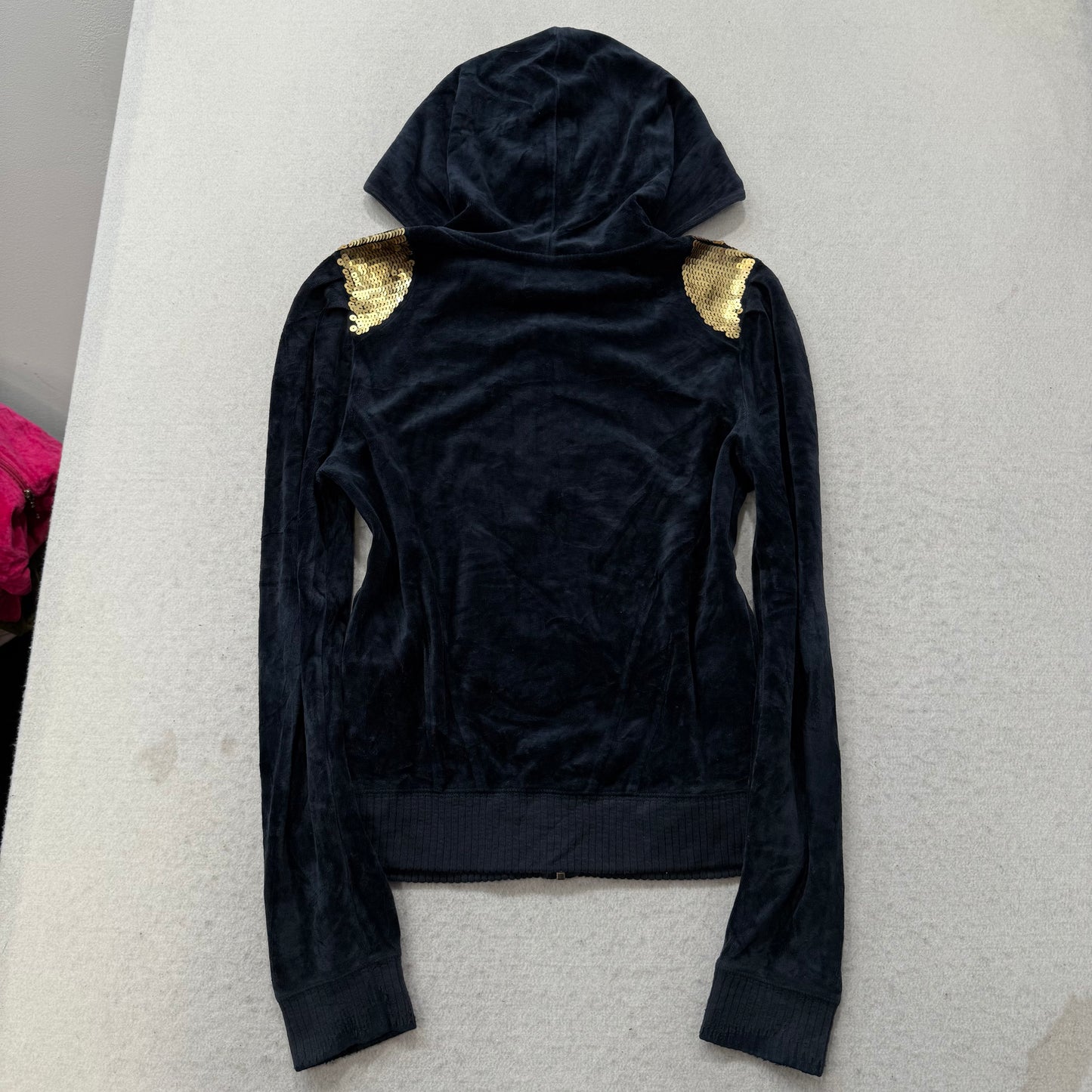 Juicy Couture Women's Navy Blue Velour Full Zip Hoodie Sequin Shoulders Size M
