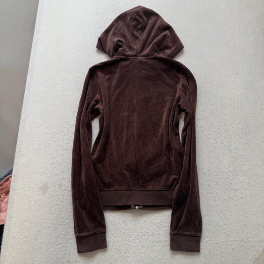 Vintage Juicy Couture Women's Dark Brown Velour Zip-Up Hoodie Pockets Y2k Size S