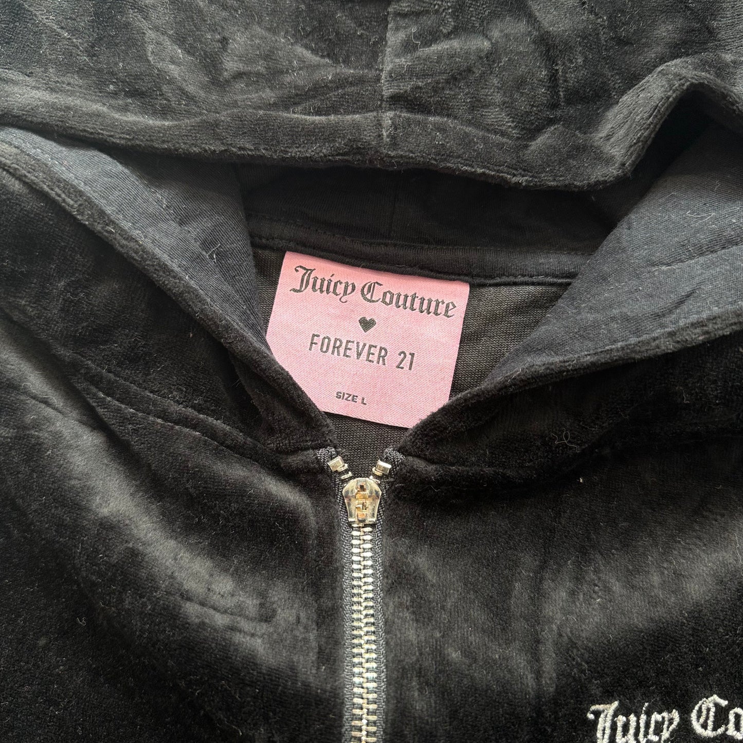 Juicy Couture Forever Women's Black Velour Zip-Up Hoodie Rhinestones Logo Size L