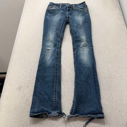Miss Me Easy Boot Women Blue Bootcut Jeans Embellished Pocket Frayed Hem Size 25