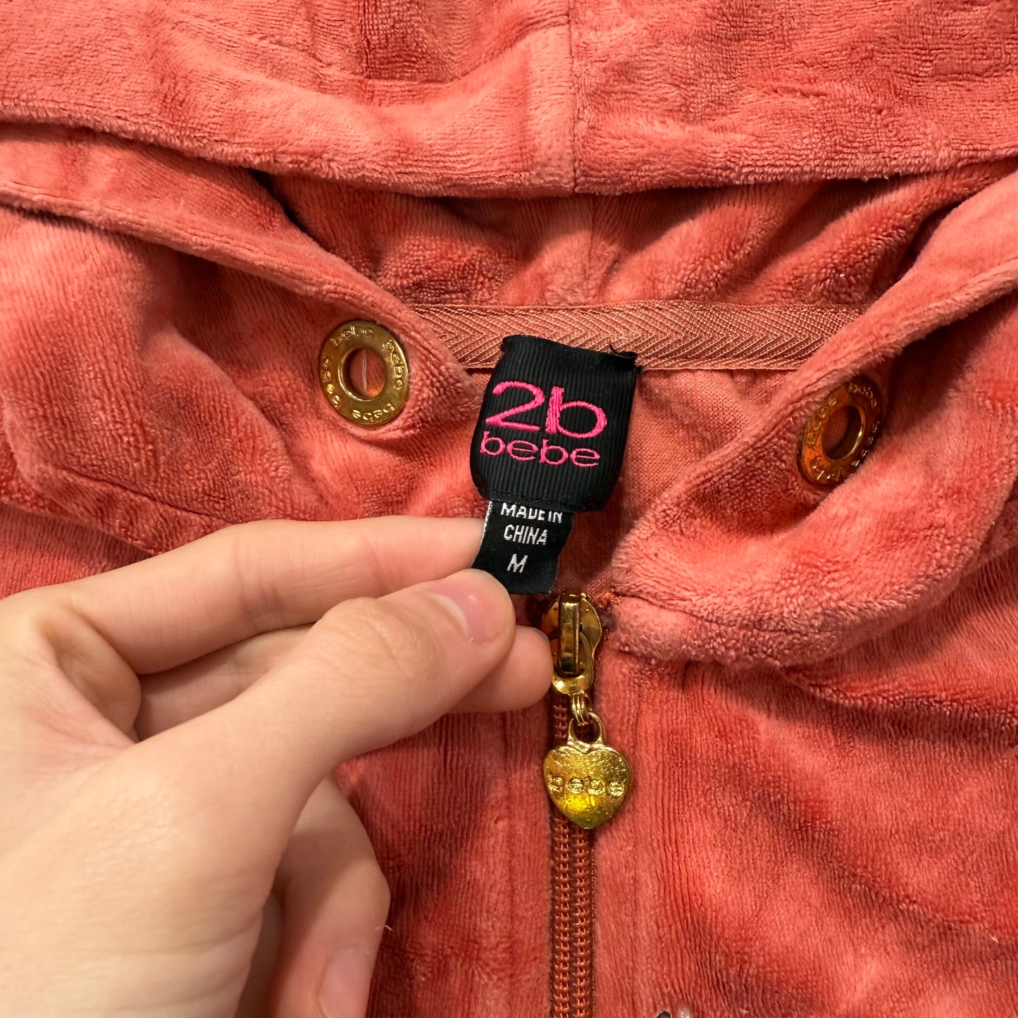 Bebe Women's Coral Pink Velour Full Zip Hoodie Loungewear Rhinestone Logo Size M