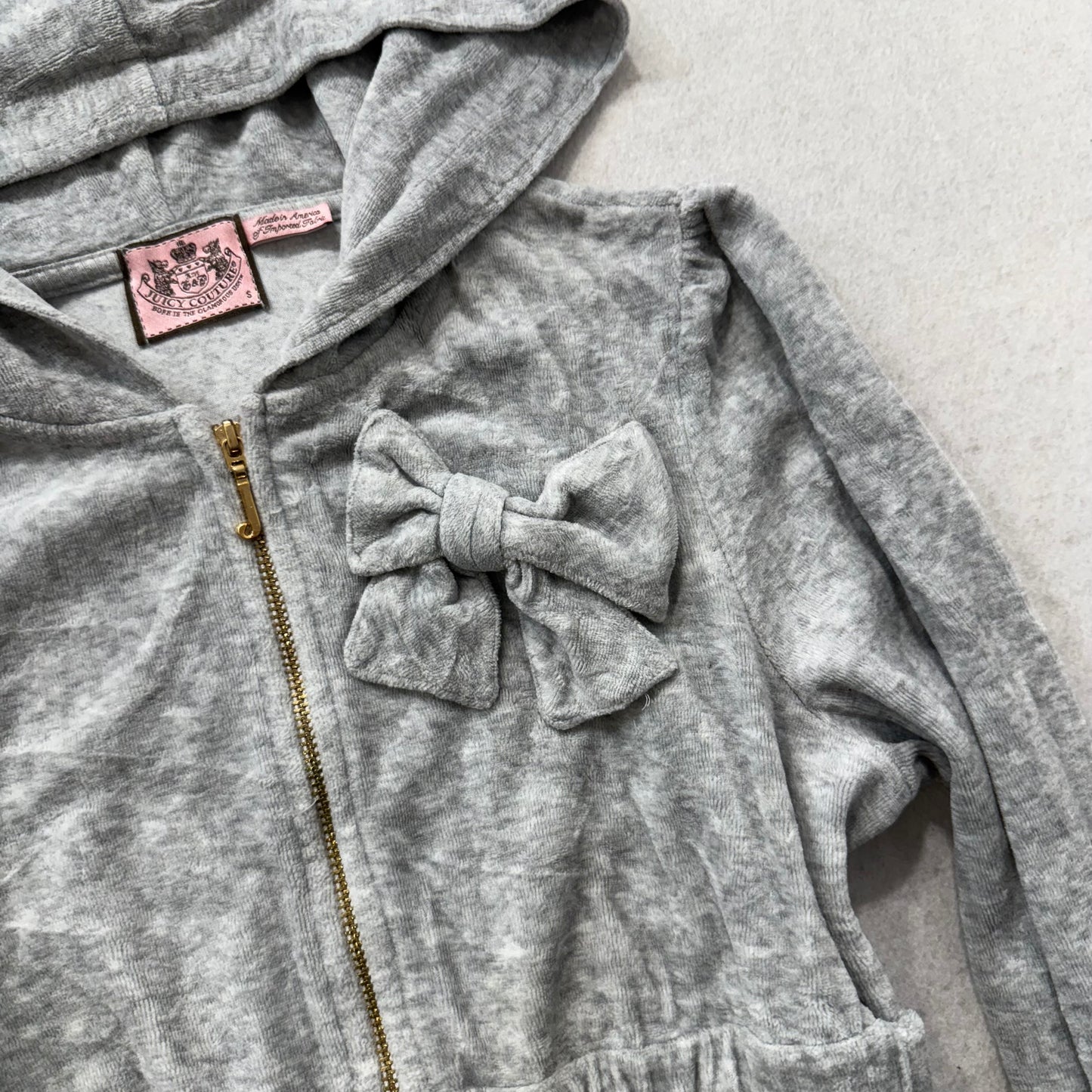 Vintage Juicy Couture Zip Up Hoodie Velour Bow Cinched Drawstring Waist Size S