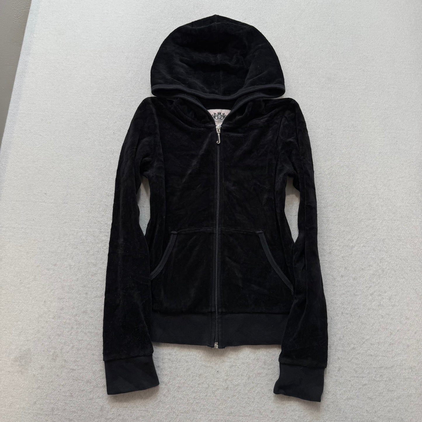 Juicy Couture Womens Black Velour Full Zip Hoodie Graphic Logo Loungewear Size L