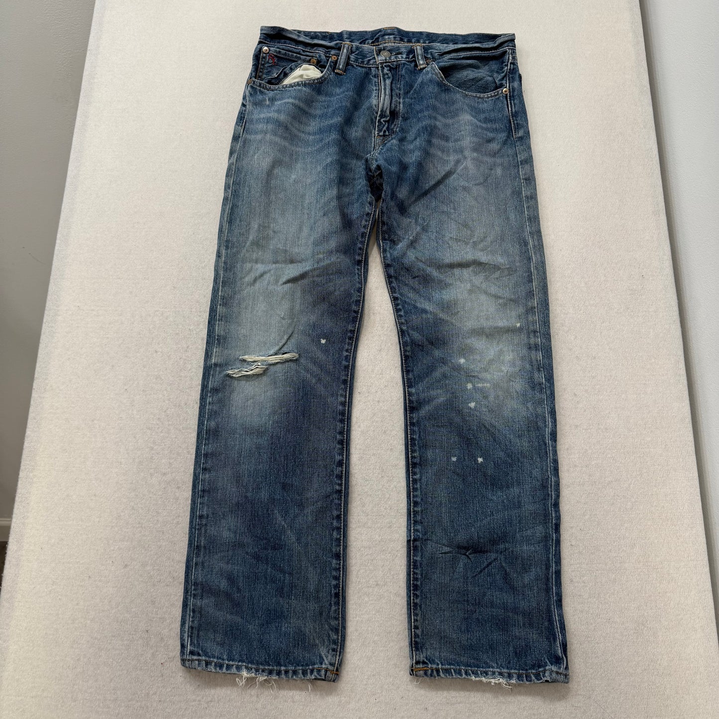 Polo Ralph Lauren Men's Medium Blue Denim Straight Leg Distressed Jeans Size 32