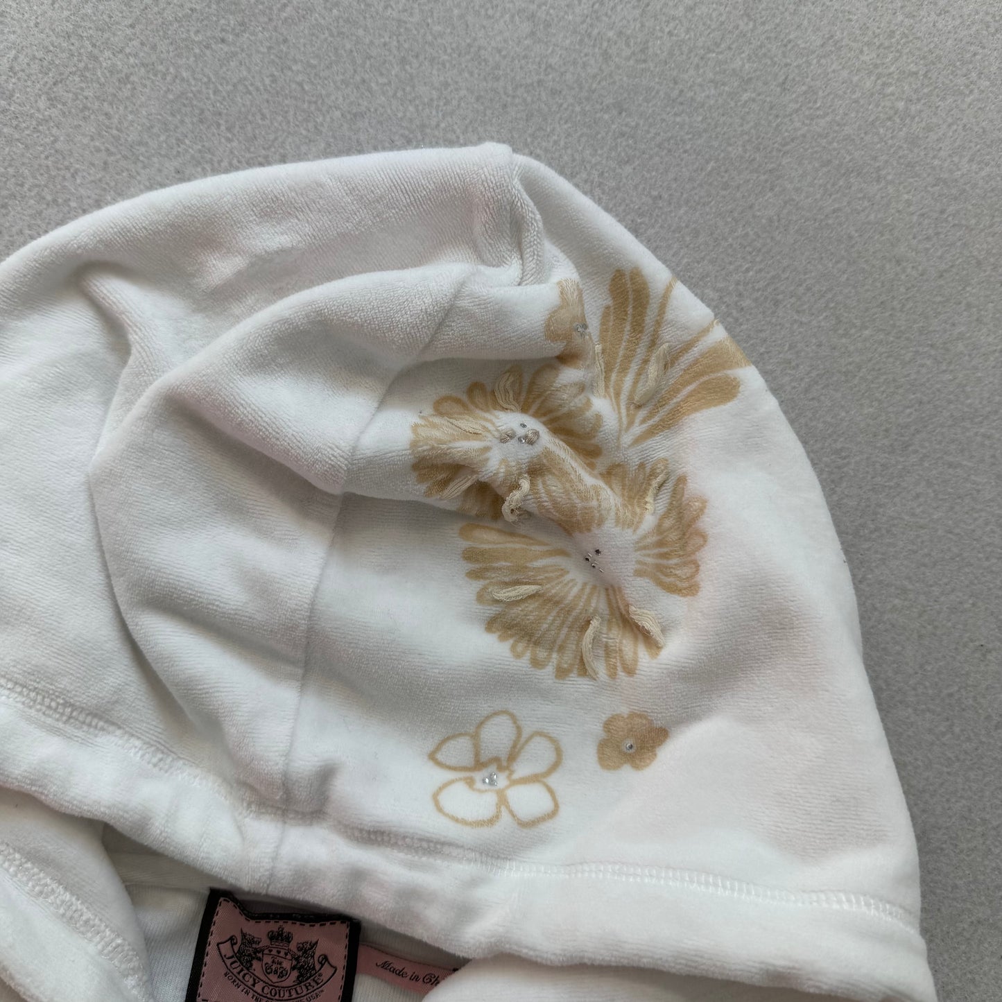 RARE Juicy Couture Womens White Velour Short Sleeve Floral Zip-Up Hoodie Size XL