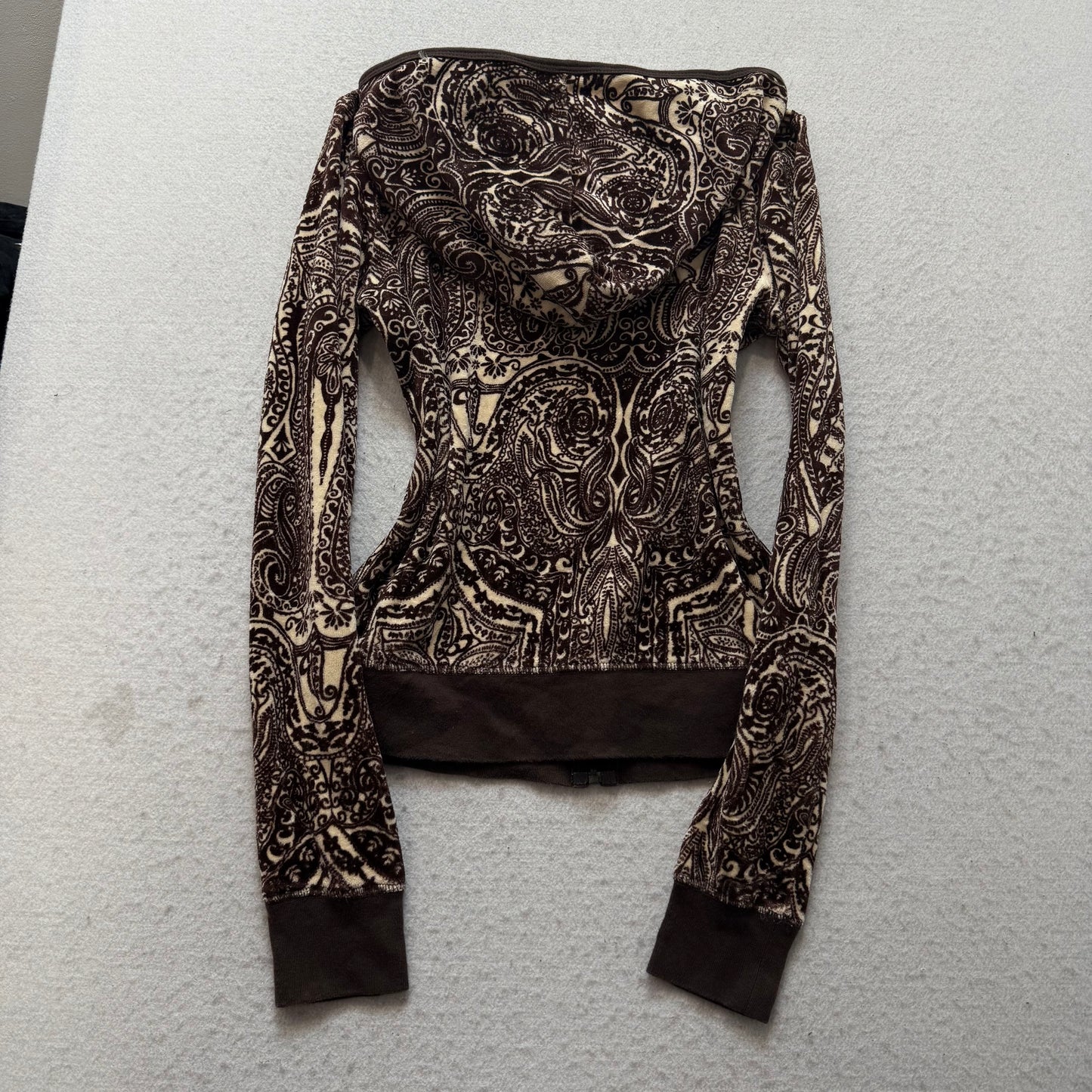 RARE 2003 Vtg Juicy Couture Brown Paisley Velour Hoodie All-Over Pattern Size S