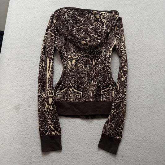 RARE 2003 Vtg Juicy Couture Brown Paisley Velour Hoodie All-Over Pattern Size S