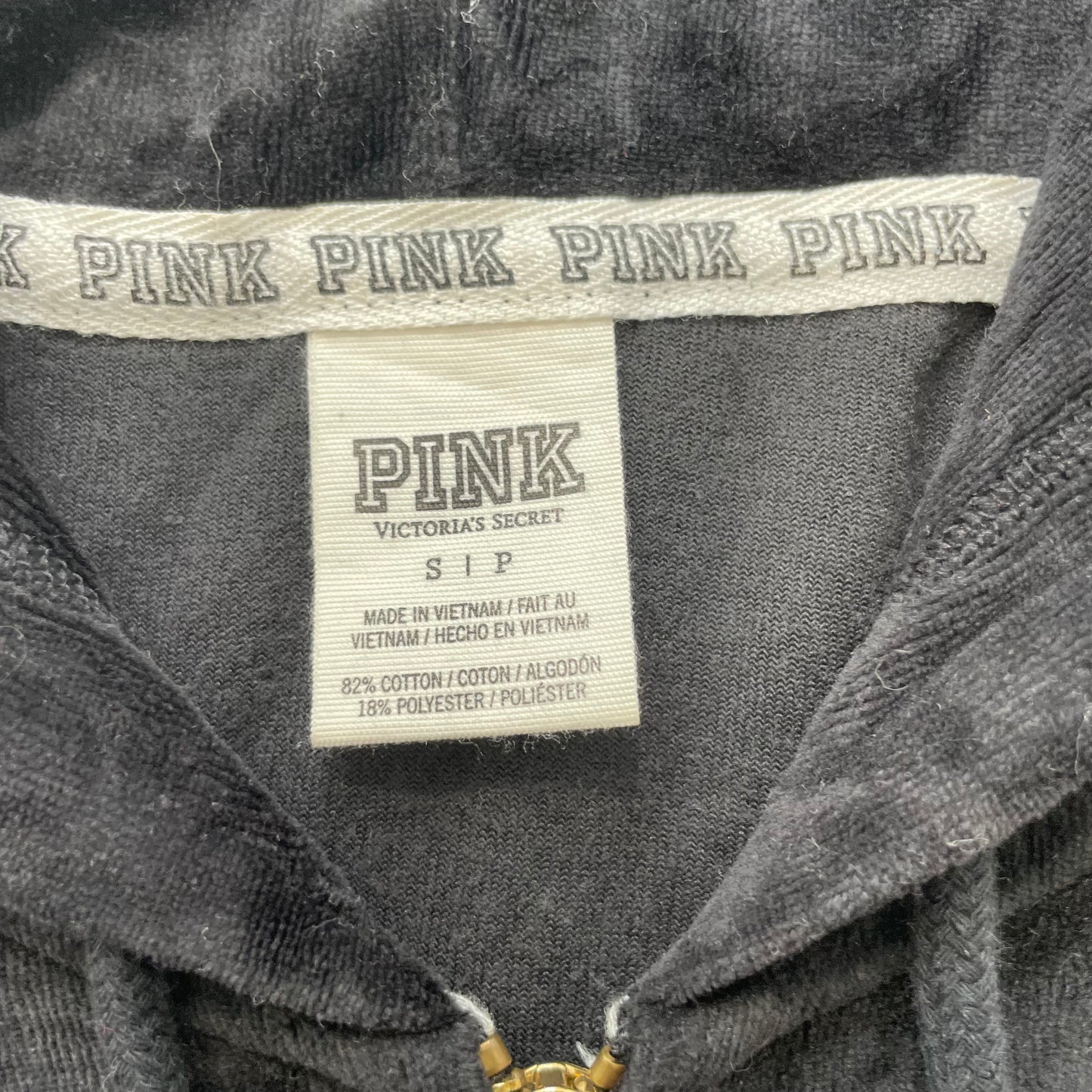 Victoria's Secret PINK Womens Black Velour Zip-Up Hoodie Sequin Back Logo Size S