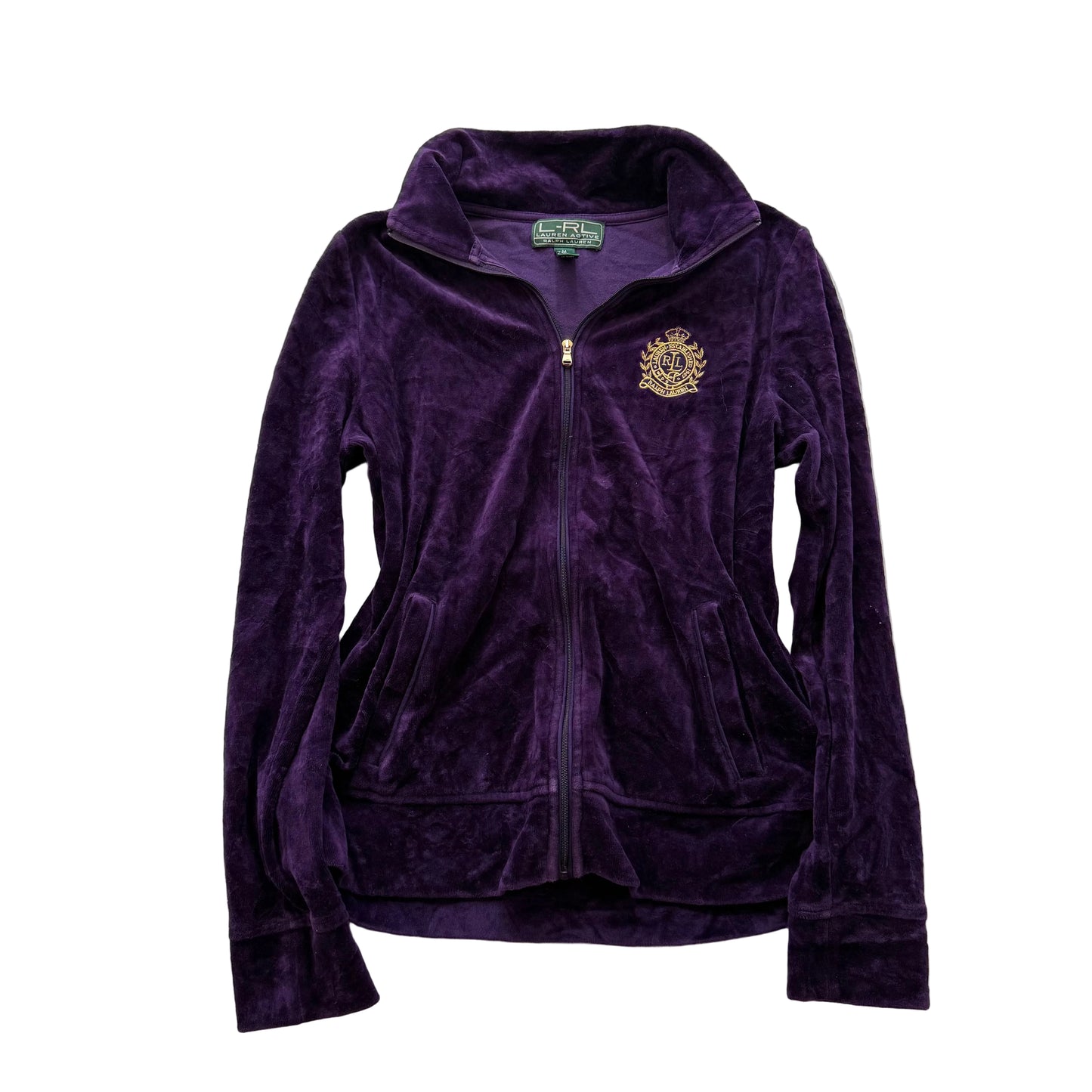 Ralph Lauren Women Deep Purple Velour Zip-Up Track Jacket Embroidery Logo Size M