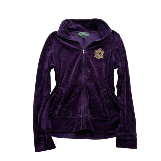 Ralph Lauren Women Deep Purple Velour Zip-Up Track Jacket Embroidery Logo Size M