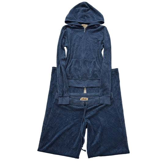 2003 Vtg Juicy Couture Steel Blue Terry Cloth Hoodie & Pant Tracksuit Set Size M