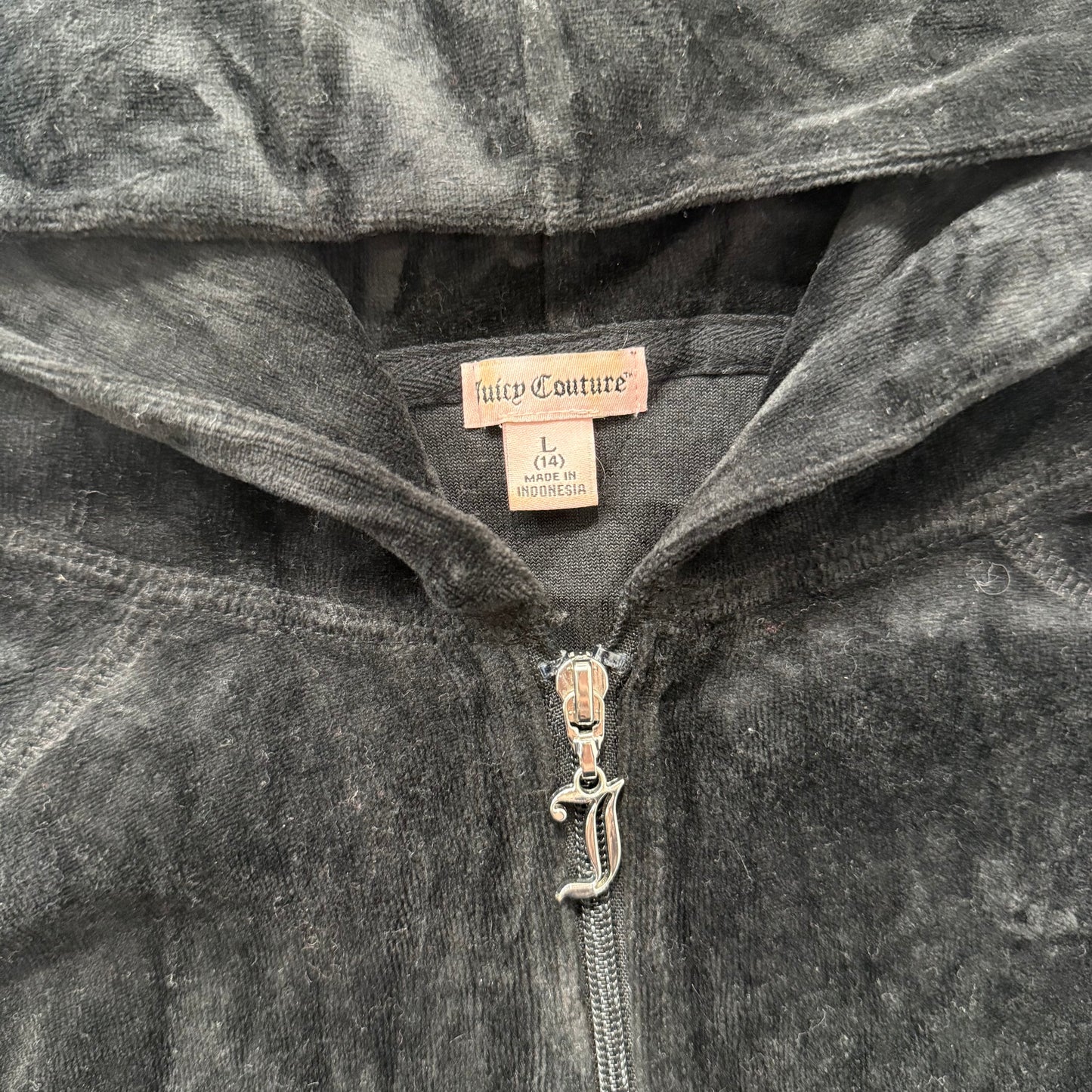 Juicy Couture Women's Black Velour Full Zip Hoodie Bedazzled Graphic Logo Size L