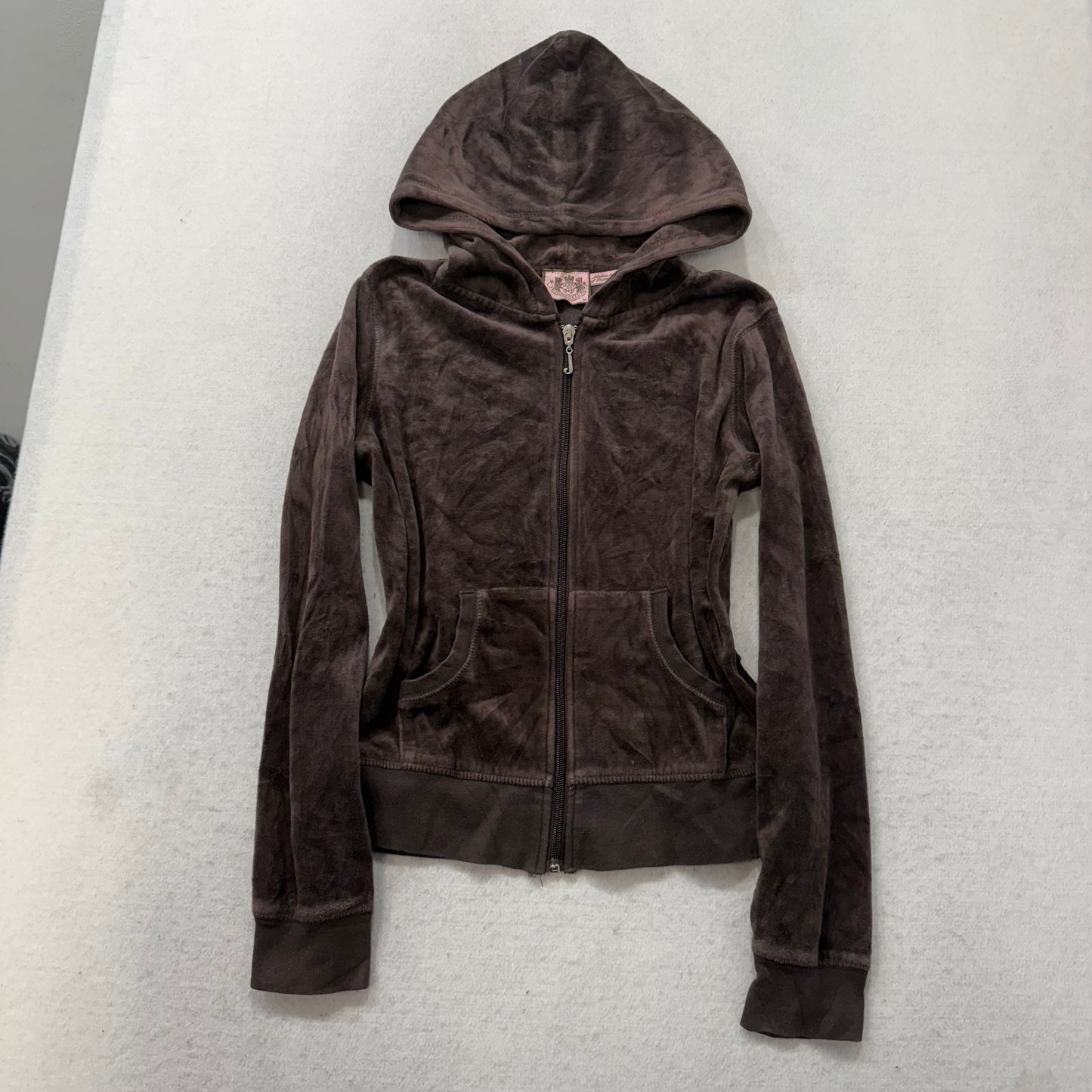 Juicy Couture Brown Velour Tracksuit Set Zip Up Hoodie & Flared Pant Logo Size M