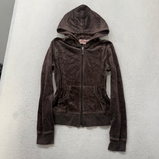 Juicy Couture Brown Velour Tracksuit Set Zip Up Hoodie & Flared Pant Logo Size M