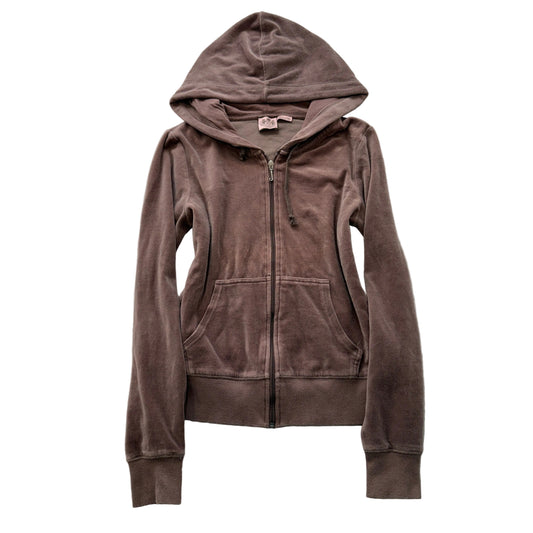 Juicy Couture Women's Brown Velour Zip-Up Hoodie Drawstring Pockets Y2K Size M