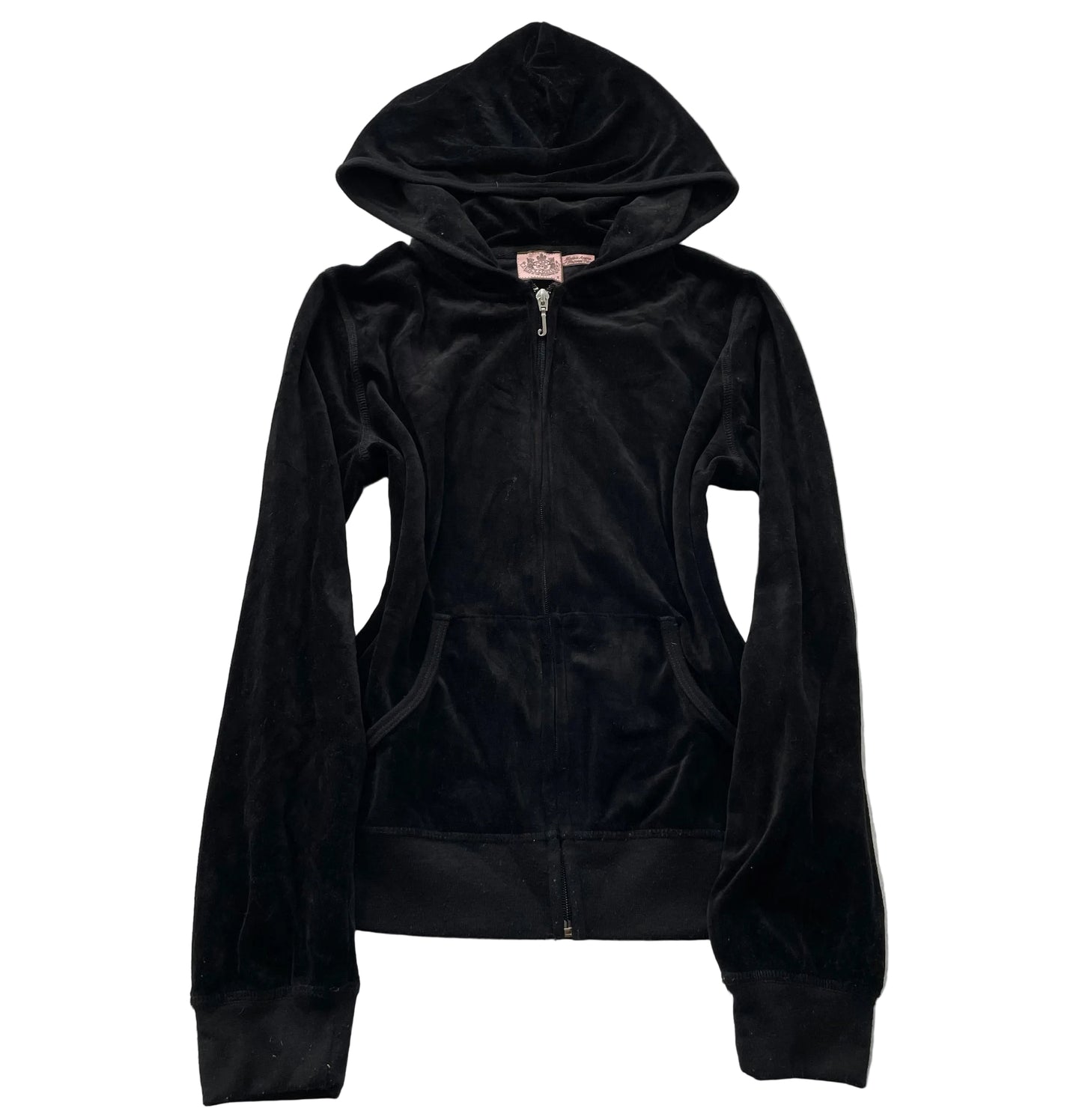 Vintage Juicy Couture Women Black Velour Zip-Up Hoodie Loungewear Pockets Size S