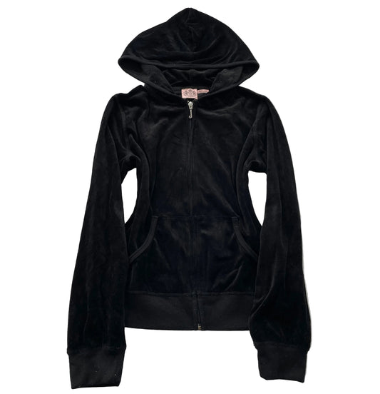 Vintage Juicy Couture Women Black Velour Zip-Up Hoodie Loungewear Pockets Size S