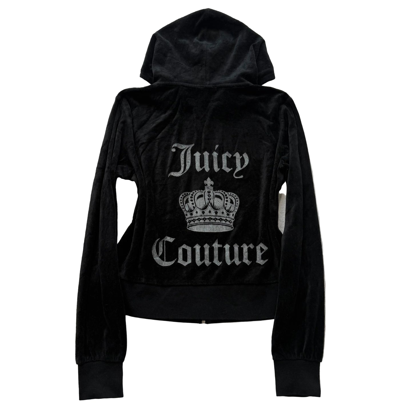 Juicy Couture Women's Black Velour Zip-Up Hoodie Crown Logo Pockets Y2k Size XL