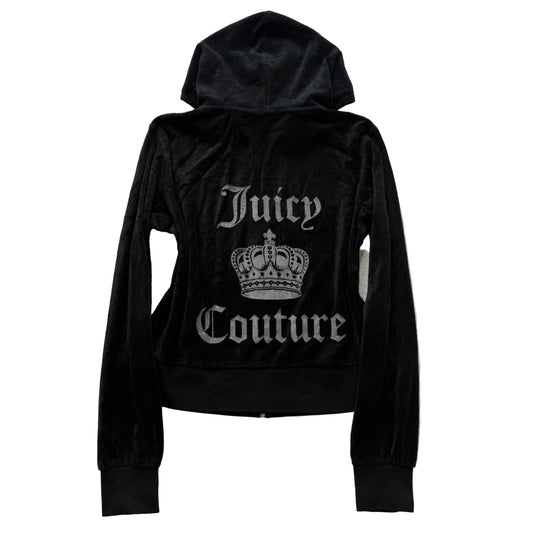 Juicy Couture Women's Black Velour Zip-Up Hoodie Crown Logo Pockets Y2k Size XL