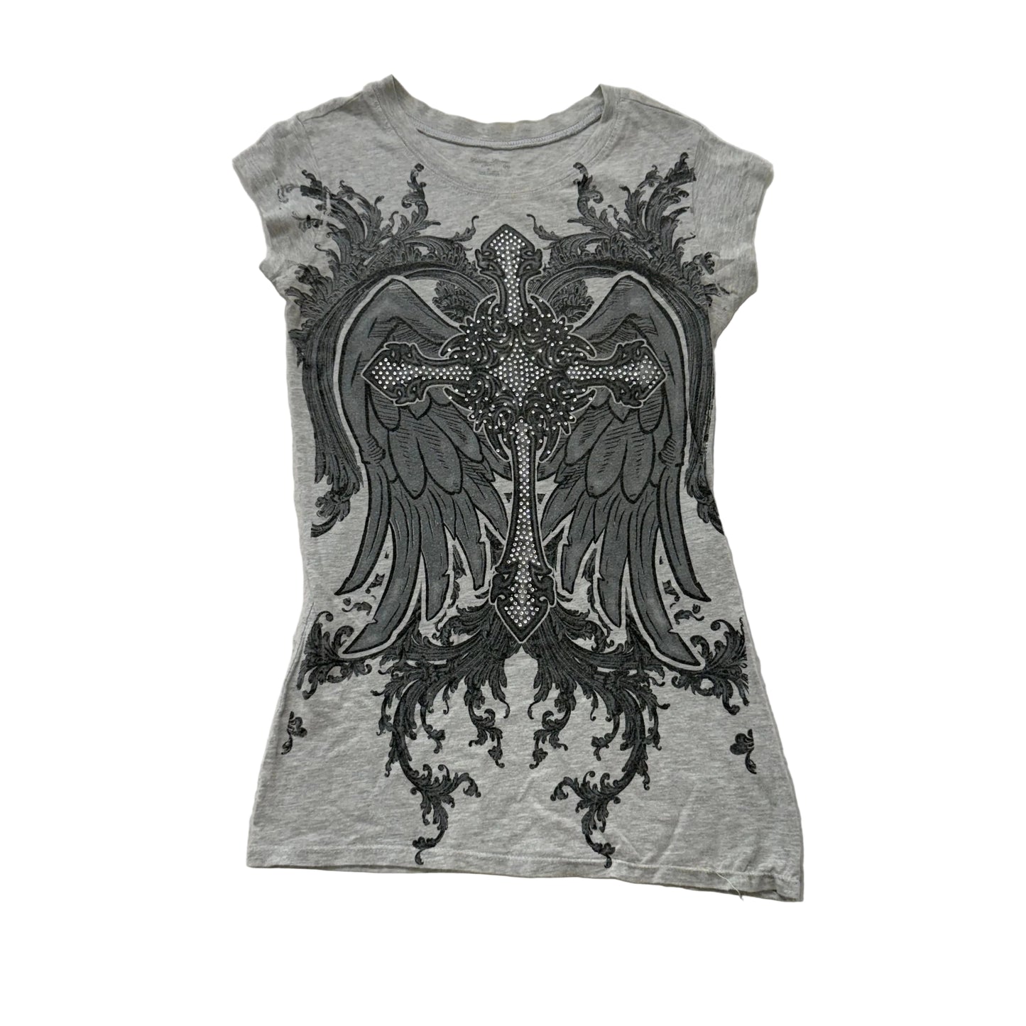 .Love Love Lo Women's Gray Angel Wings Rhinestone-Studded Cross Graphic Top Size S