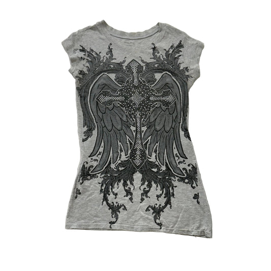 .Love Love Lo Women's Gray Angel Wings Rhinestone-Studded Cross Graphic Top Size S