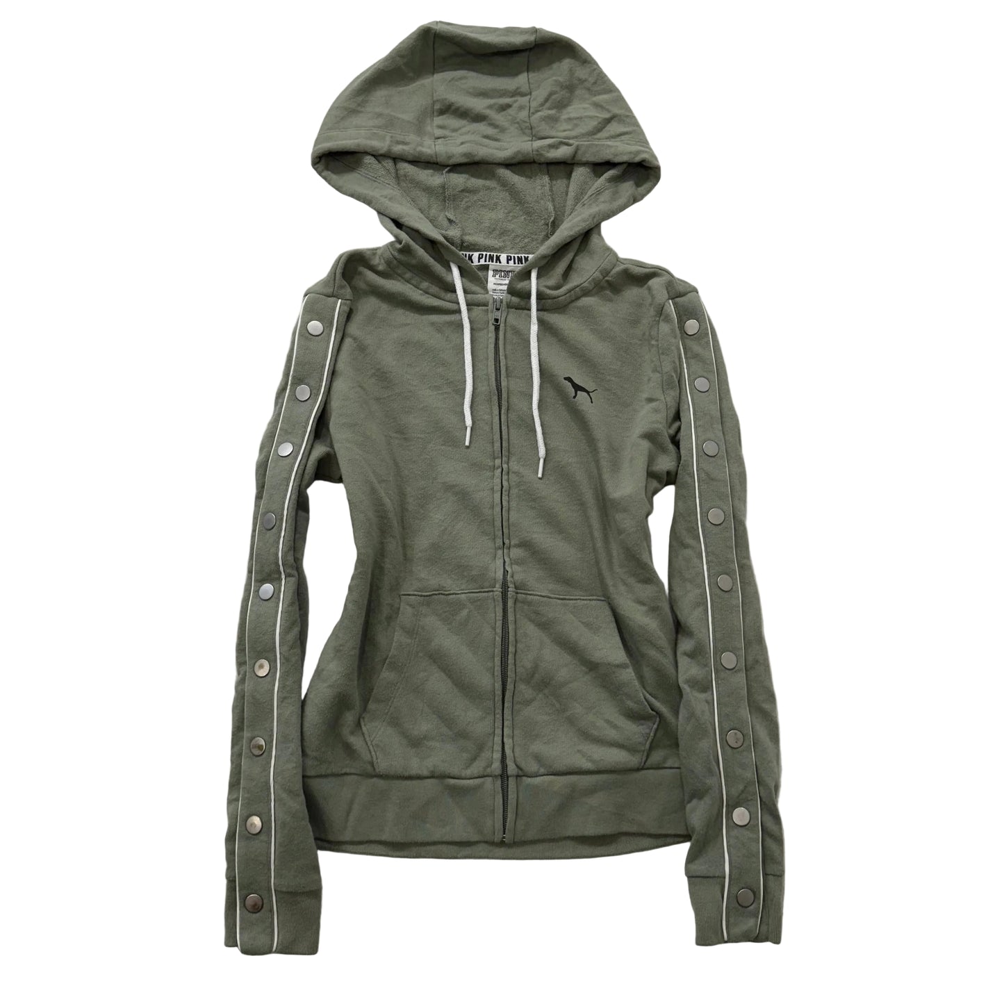 Victoria’s Secret PINK Olive Green Zip Hoodie Snap Button Sleeves Size XS