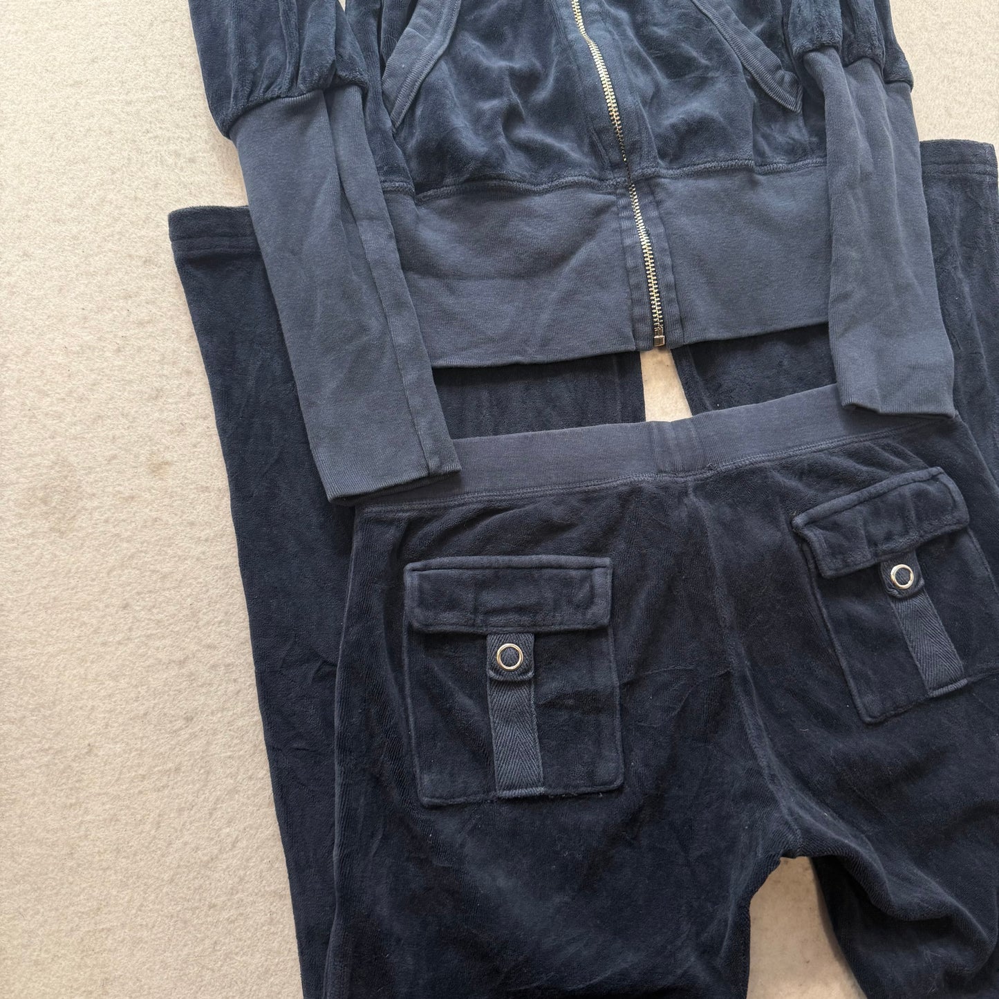 Vintage Juicy Couture Women Navy Velour Tracksuit Set Hoodie & Flare Pant Size S