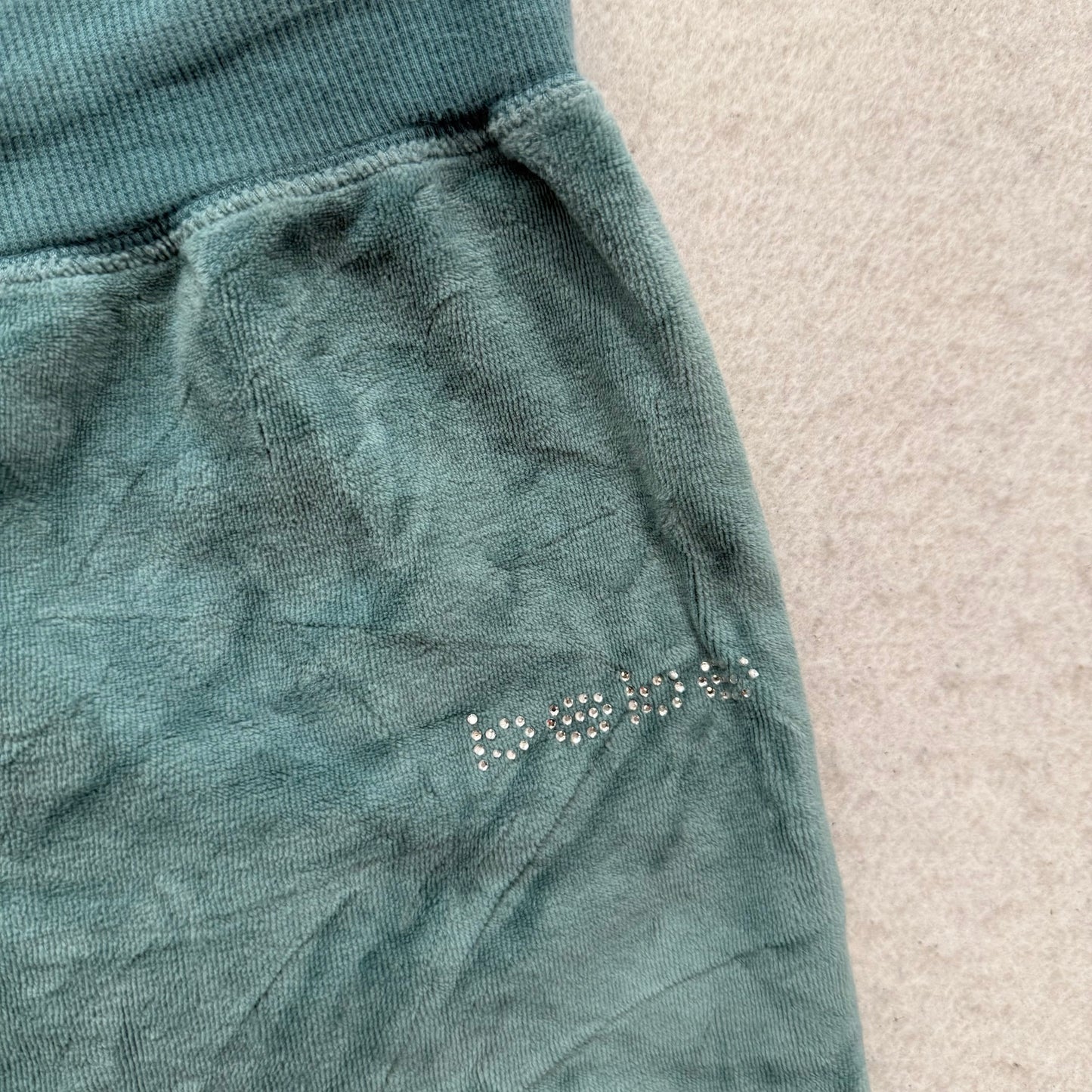 Bebe Women's Slate Green Velour Flared Track Pants Casual Rhinestone Logo Size L