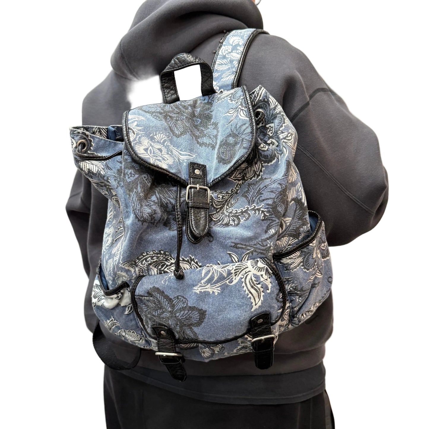 Aeropostale Blue White Paisley Canvas Flap Top Backpack Utility Pockets Size L