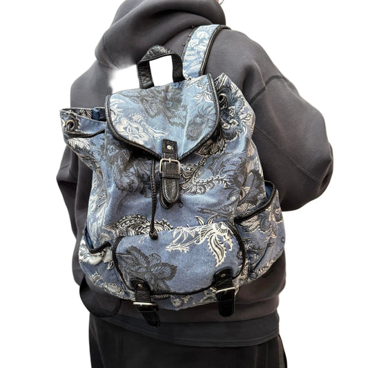 Aeropostale Blue White Paisley Canvas Flap Top Backpack Utility Pockets Size L
