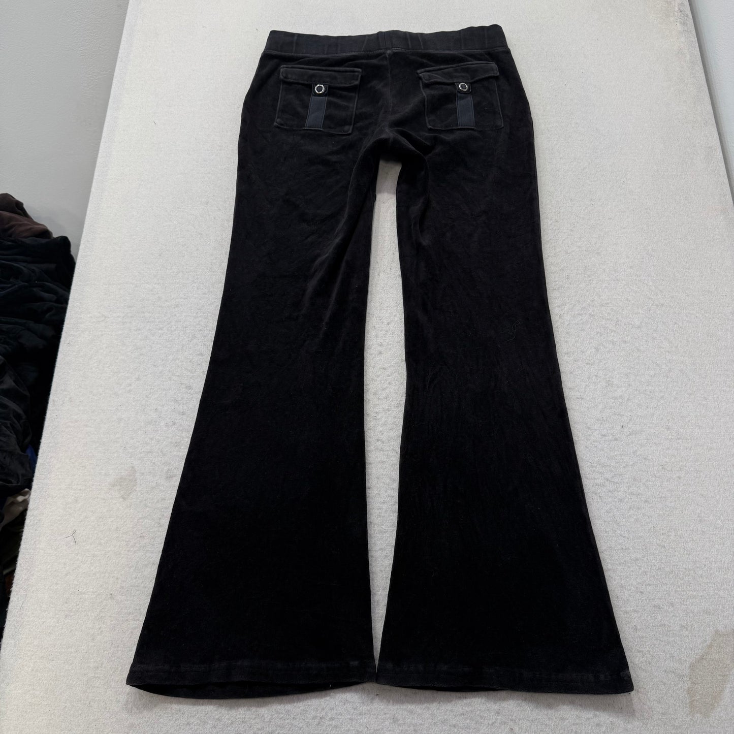 Juicy Couture Women's Black Velour Flared Track Pants Pockets Crown Logo Size S