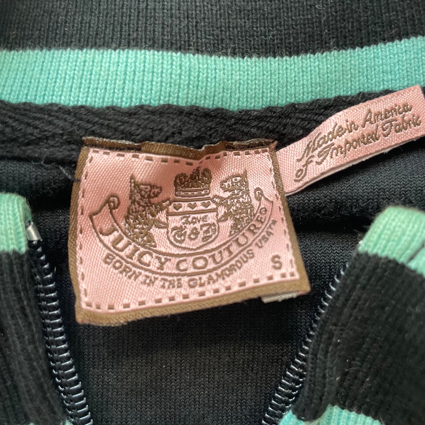 Vintage Juicy Couture Women Black Velour Zip-Up Track Jacket Teal Striped Size S