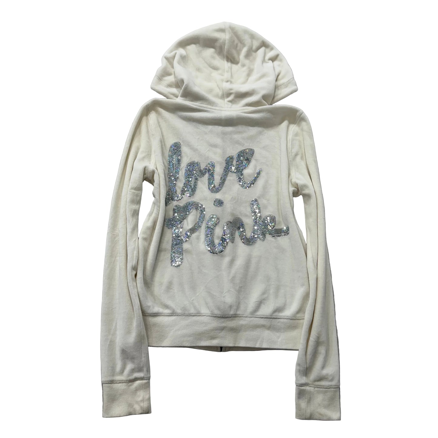 PINK Victoria's Secret Women's Ivory Full Zip Hoodie Sequins Graphic Size M