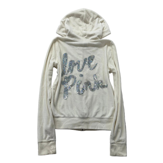 PINK Victoria's Secret Women's Ivory Full Zip Hoodie Sequins Graphic Size M