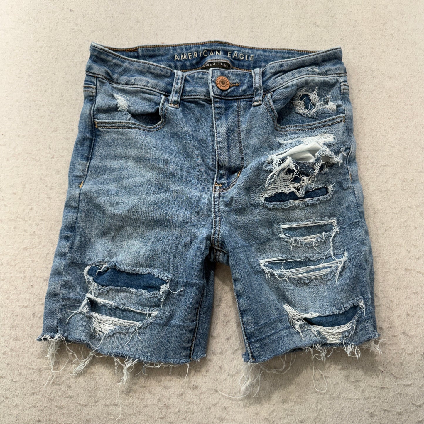 American Eagle Men's Blue Ripped Cut-Off Denim Shorts Stretch Pockets Size W27