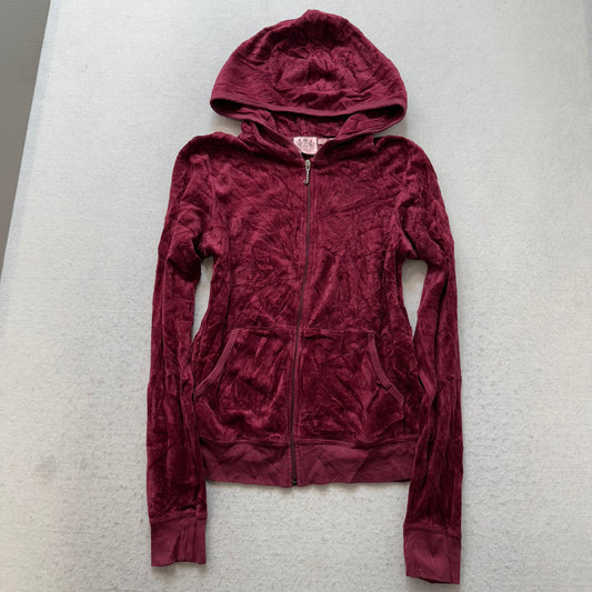 Vintage Juicy Couture Women's Burgundy Velour Zip Up Hoodie Graphic Logo Size L