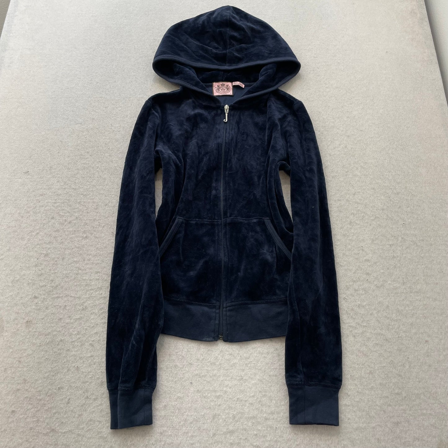 Vintage Juicy Couture Womens Navy Velour Zip-Up Hoodie Back Graphic Print Size S