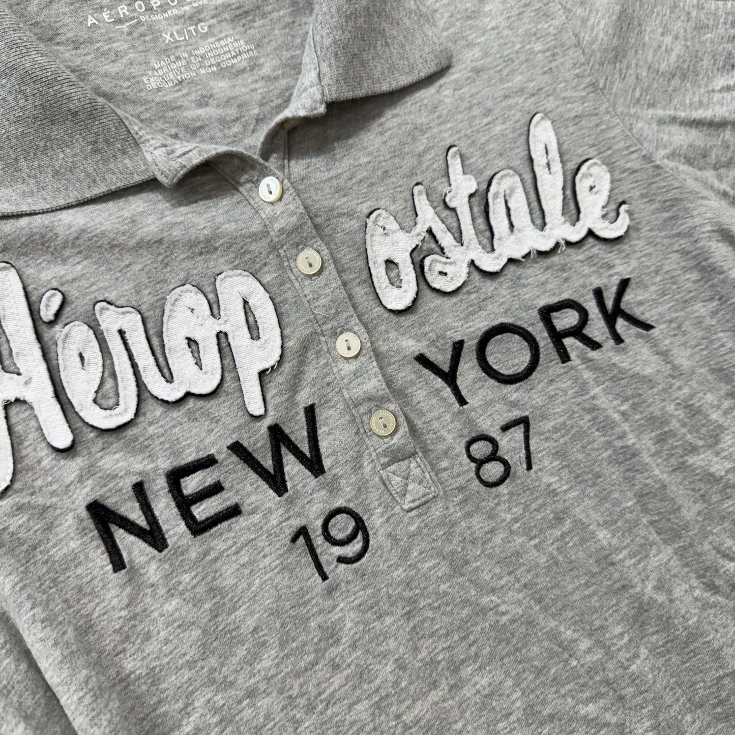 .Aeropostale New York 1987 Women Gray Graphic Polo Shirt Retro Streetwear Size XL