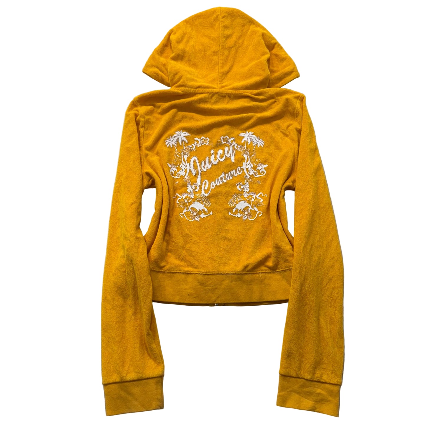 Juicy Couture Women's Yellow Terry Cloth Zip-Up Hoodie Palm Tree Graphic Size XL