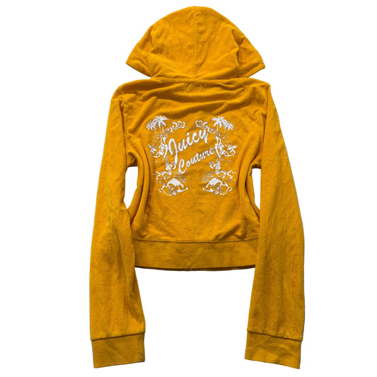 Juicy Couture Women's Yellow Terry Cloth Zip-Up Hoodie Palm Tree Graphic Size XL