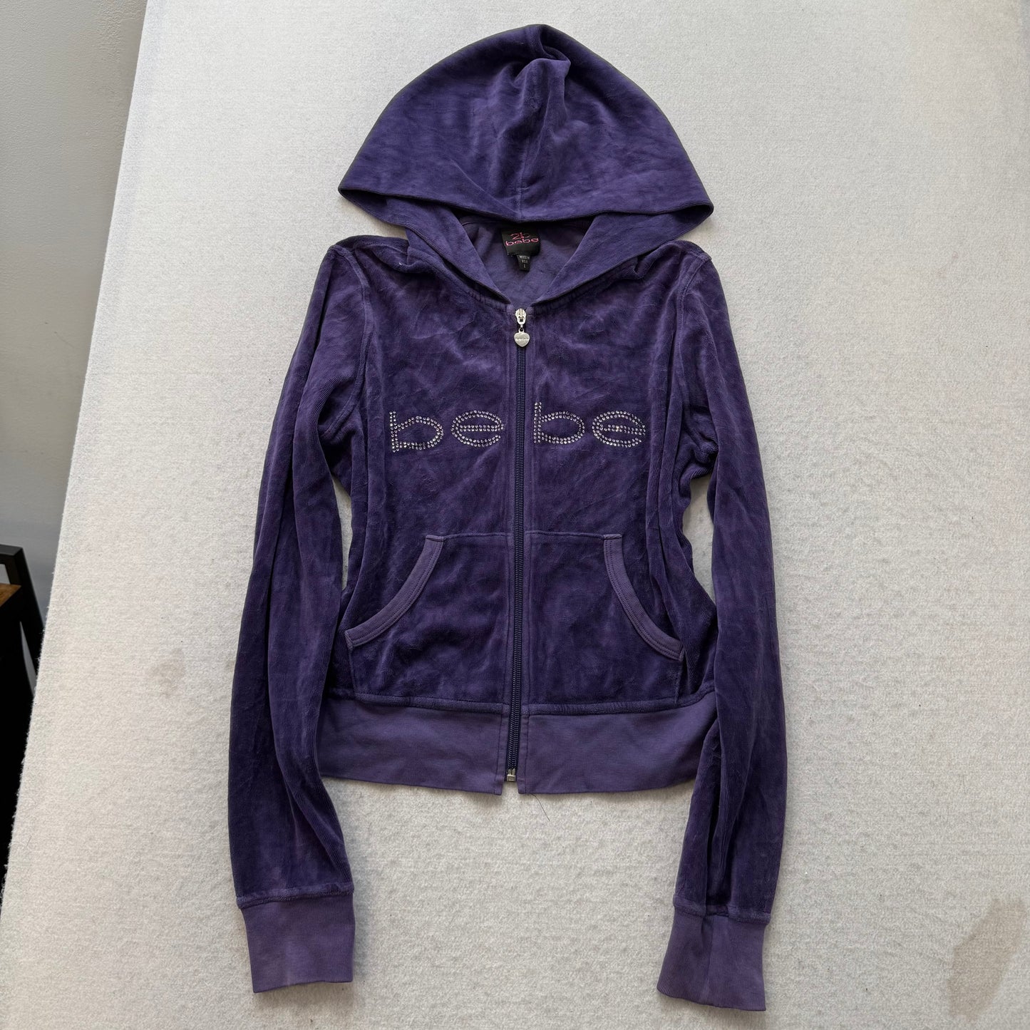 Bebe Women's Deep Purple Velour Zip-Up Hoodie Rhinestone Logo Made in USA Size L